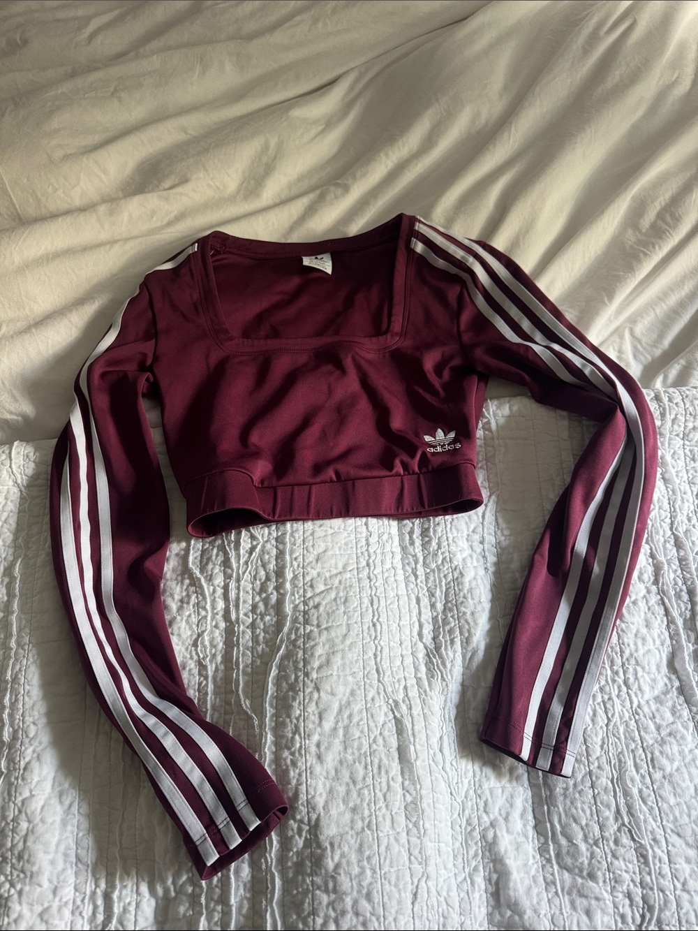 adidas Burgundy Cropped Long Sleeve Top with White Stripes